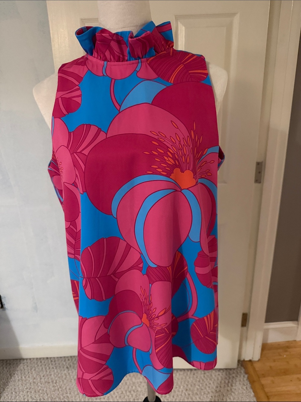 Tuckernuck Pink and Blue Floral Ruffle Neck Sleeveless Blouse